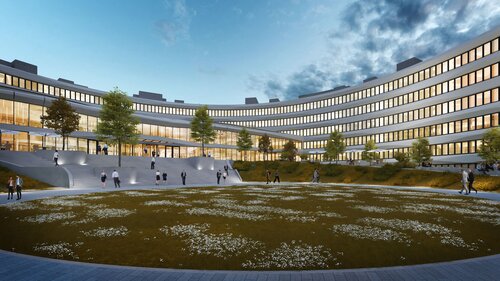 Abendansicht des Innenhofs des kuenftigen CISPA Hauptgebaeudes